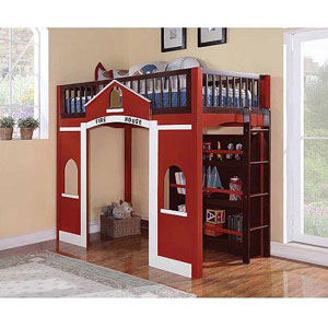 Solid Wood Fire House Twin Loft Bed 37085HF(WFS)